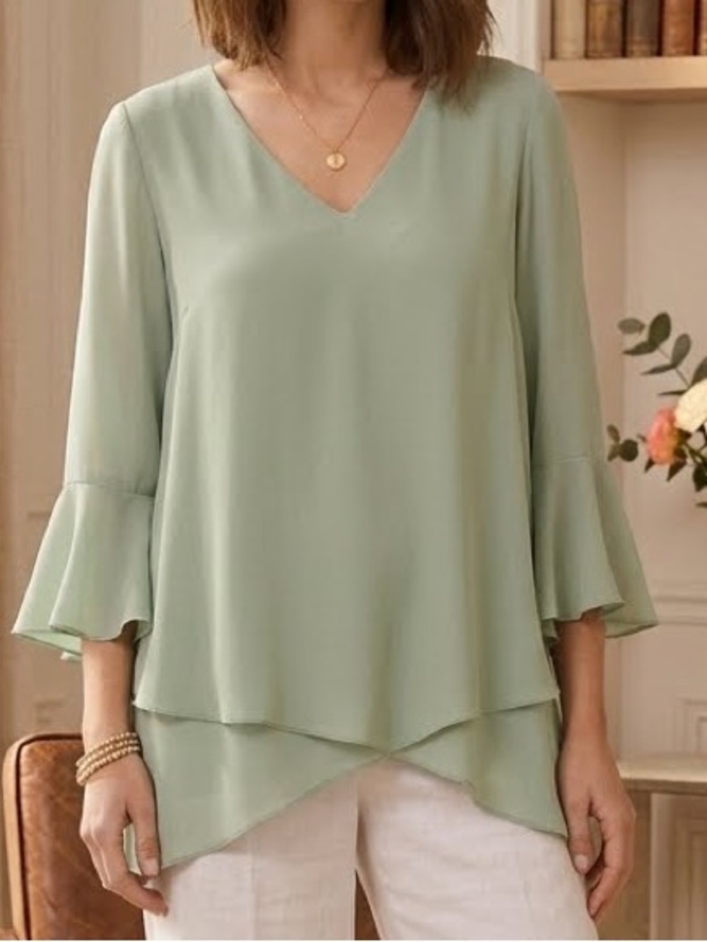 Umgee Blouse Sage Green V-Neck Layered Asymmetric Ruffle Bell Sleeve Size XL